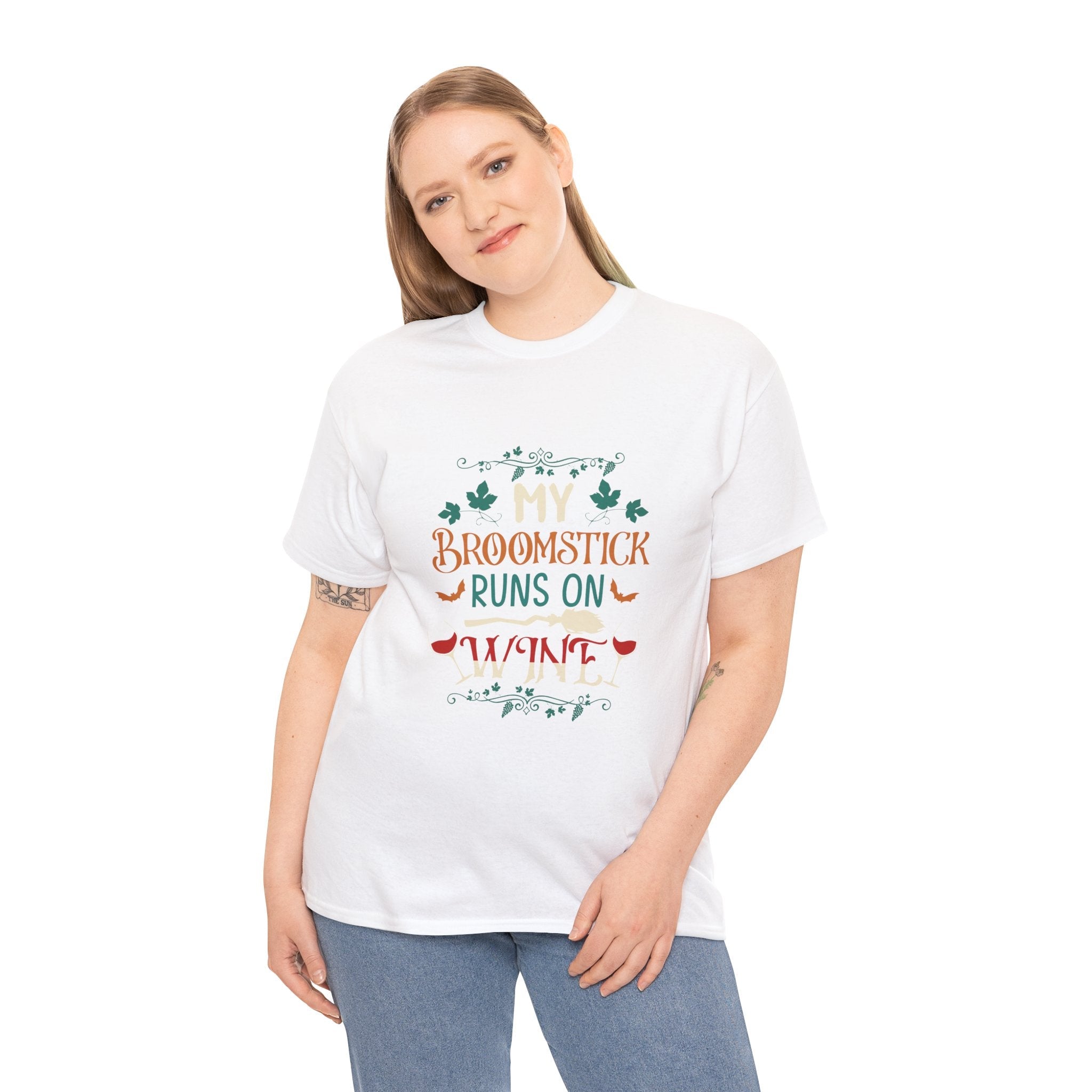 My Broomstick Runs on Wine Halloween T- Shirt Printify