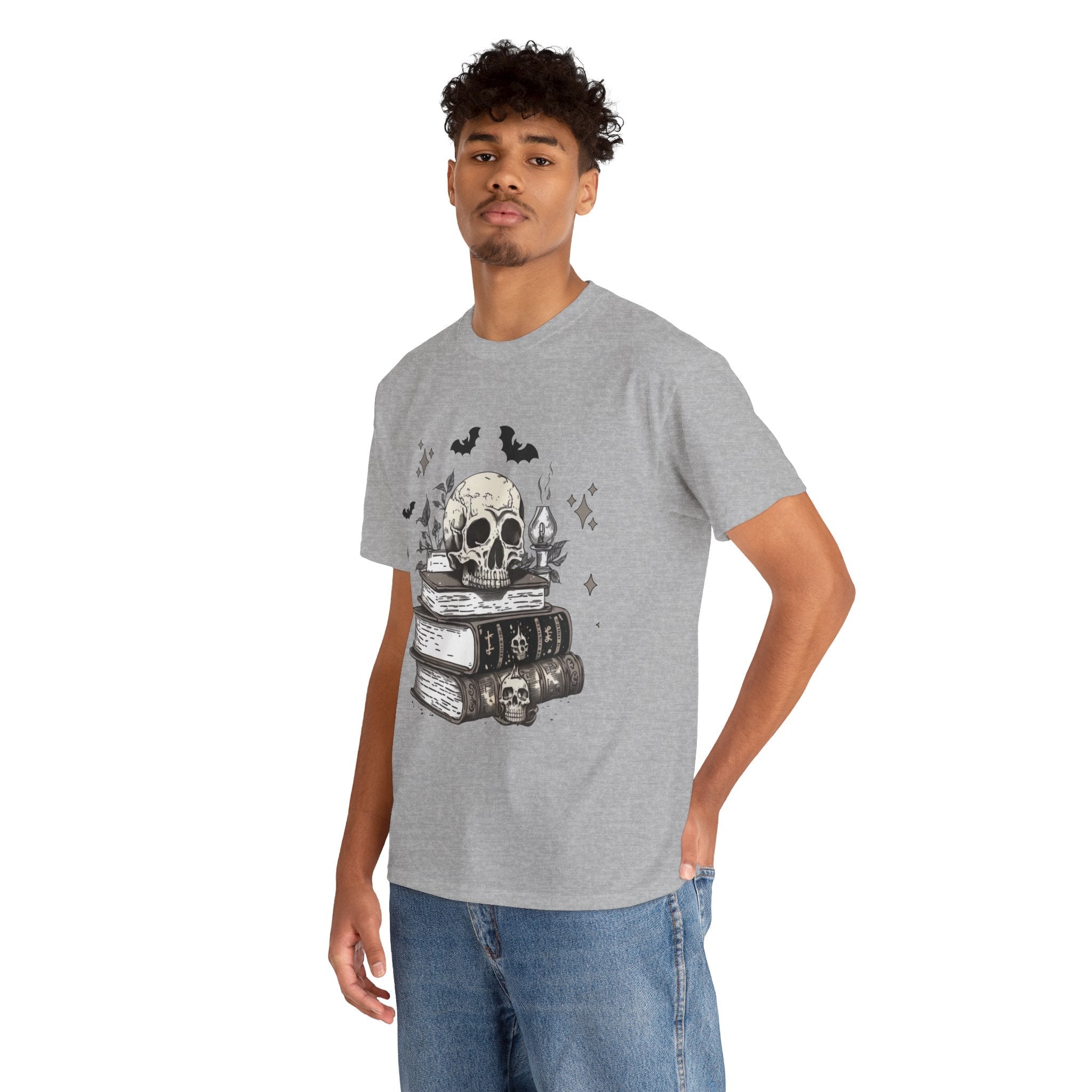 Gothic Skull and Books Halloween T- Shirt Printify