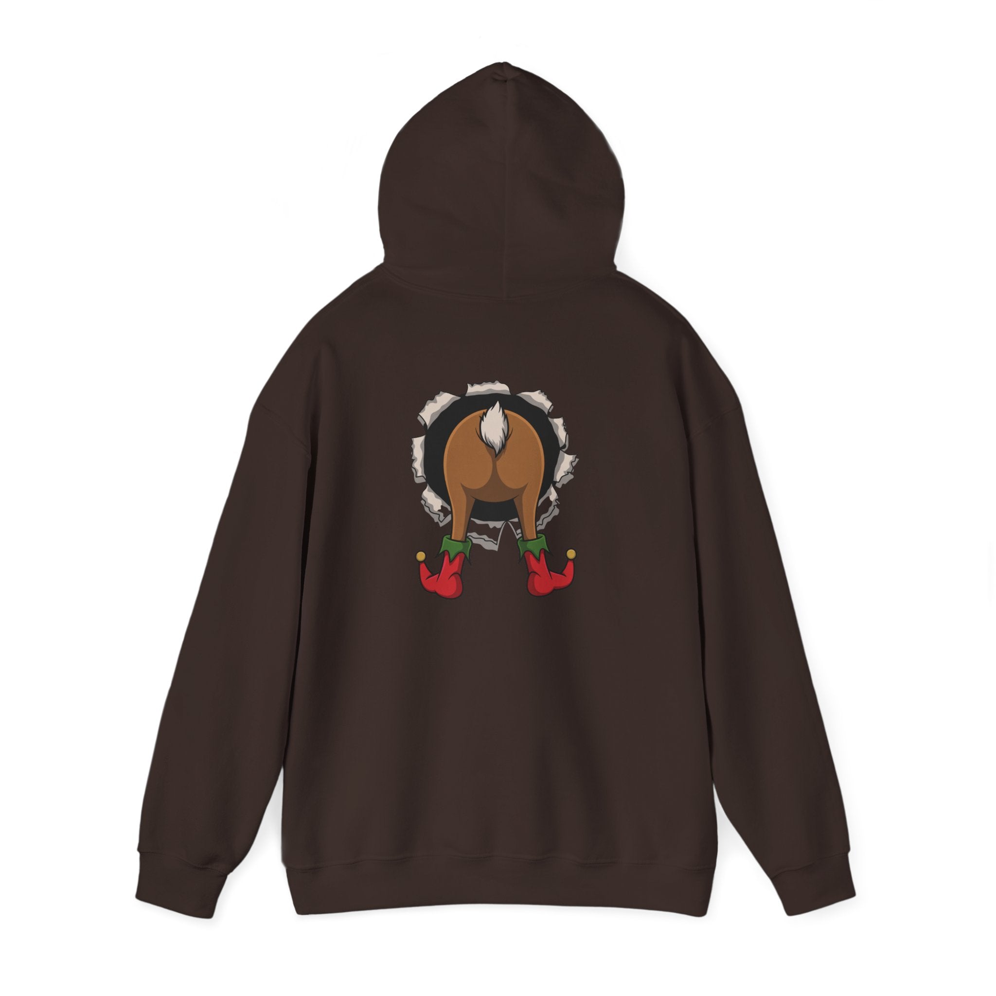 Funny Holiday Santa Reindeer Butt & Elf Face Hoodie Printify
