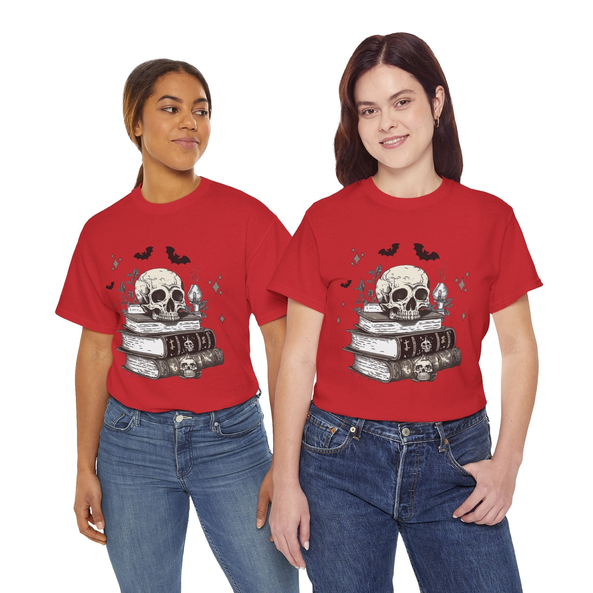Gothic Skull and Books Halloween T- Shirt Printify