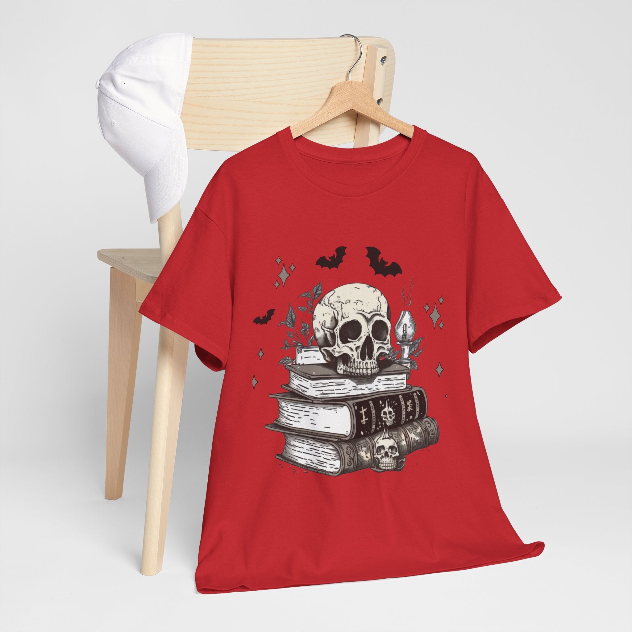 Gothic Skull and Books Halloween T- Shirt Printify