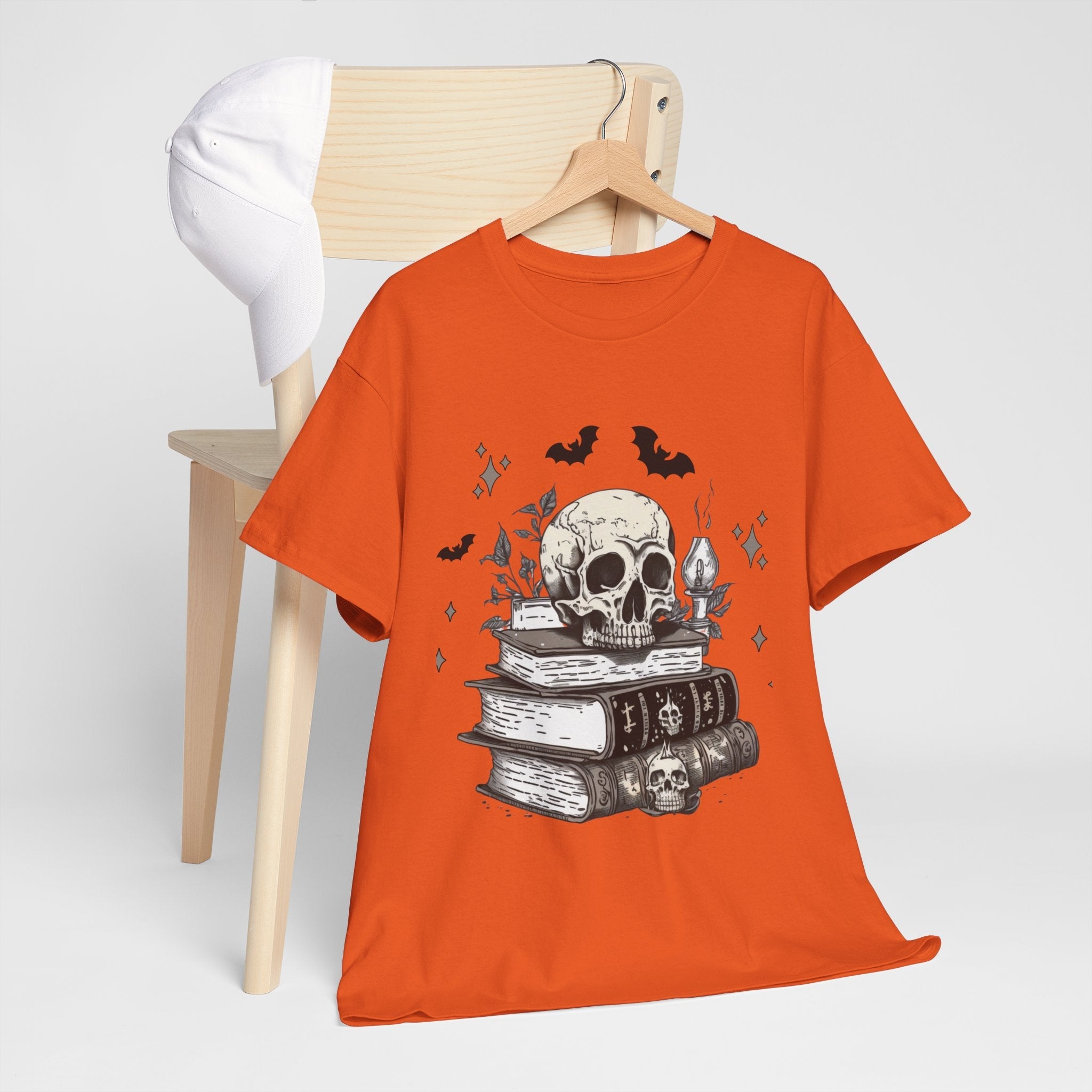 Gothic Skull and Books Halloween T- Shirt Printify