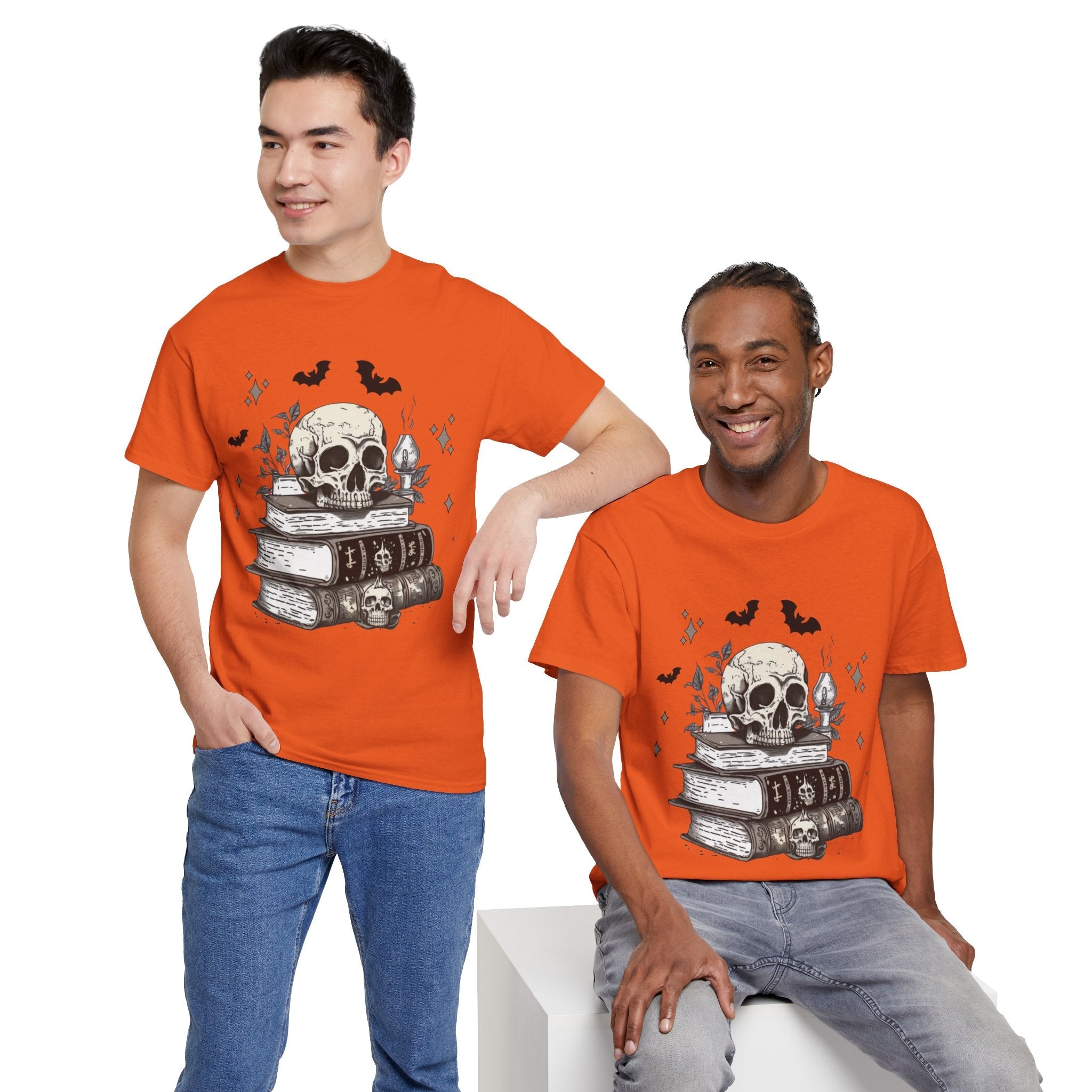 Gothic Skull and Books Halloween T- Shirt Printify