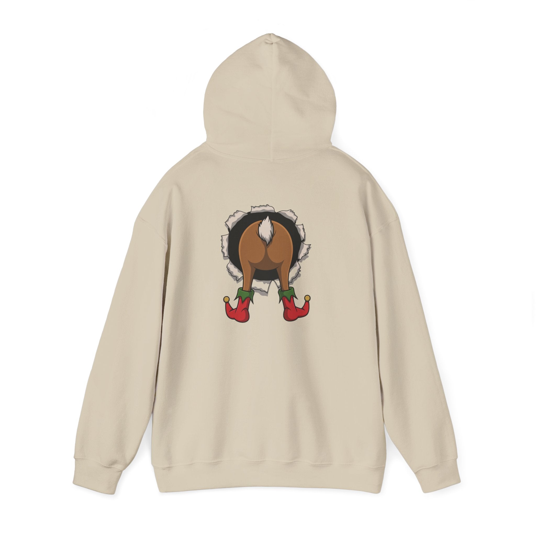 Funny Holiday Santa Reindeer Butt & Elf Face Hoodie Printify