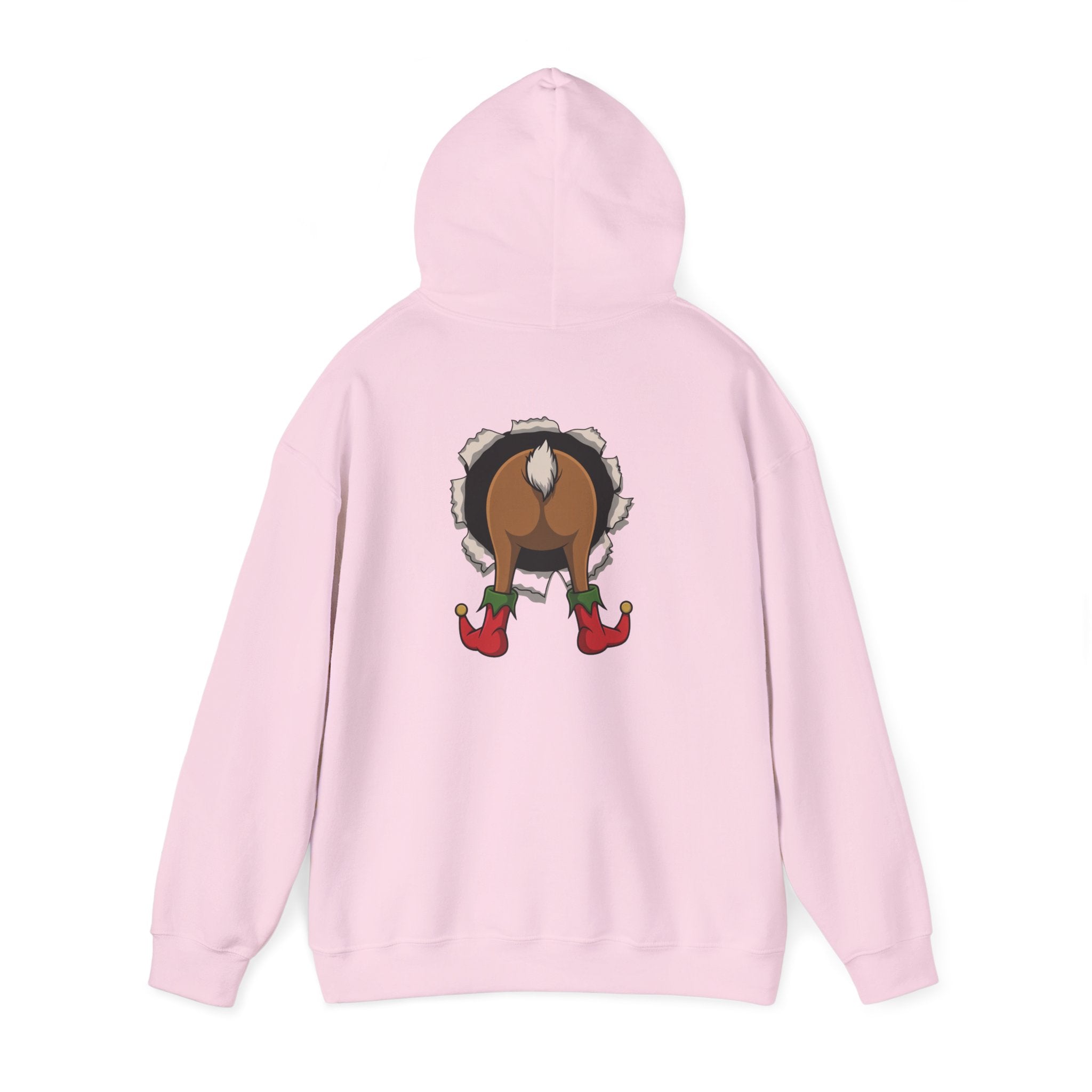 Funny Holiday Santa Reindeer Butt & Elf Face Hoodie Printify