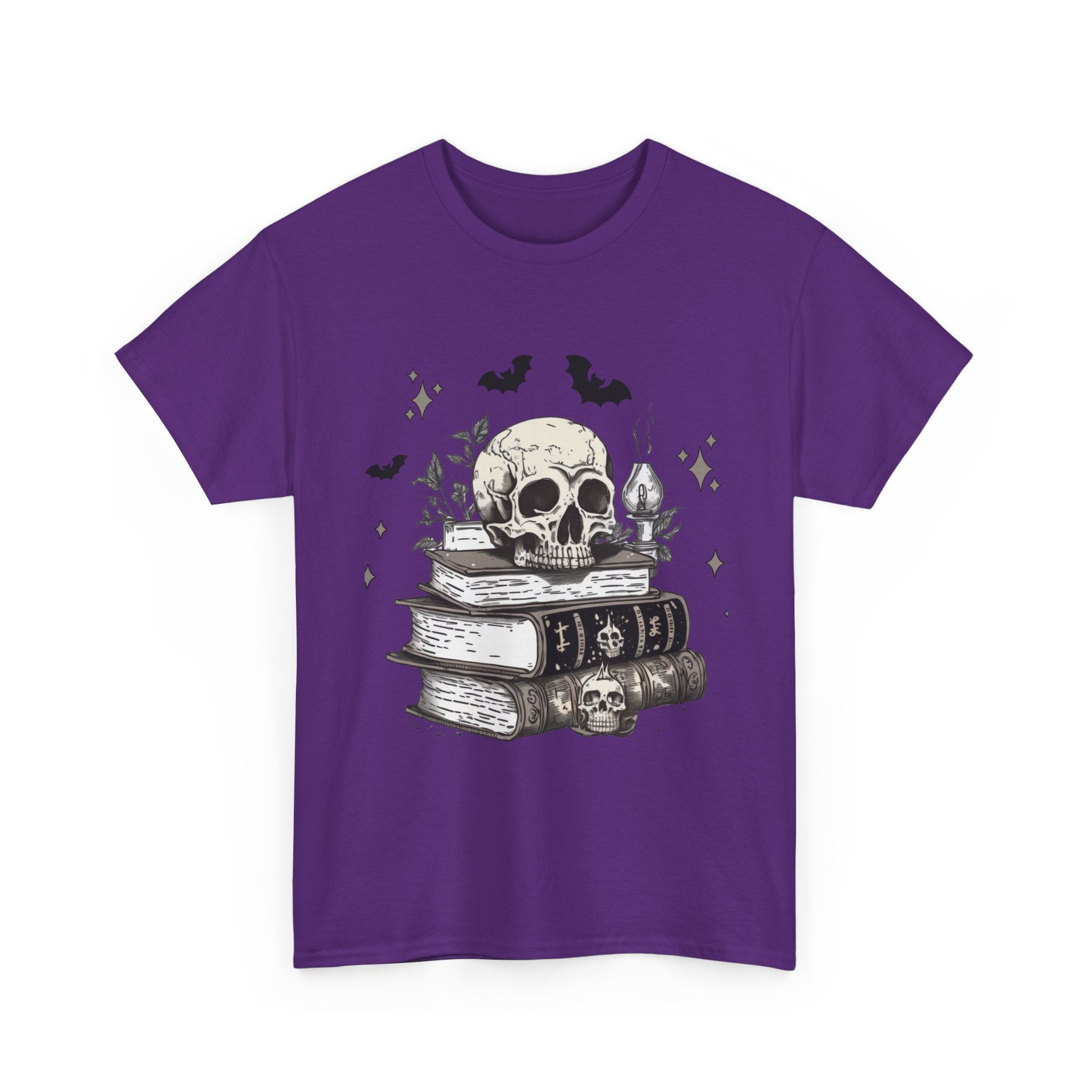 Gothic Skull and Books Halloween T- Shirt Printify
