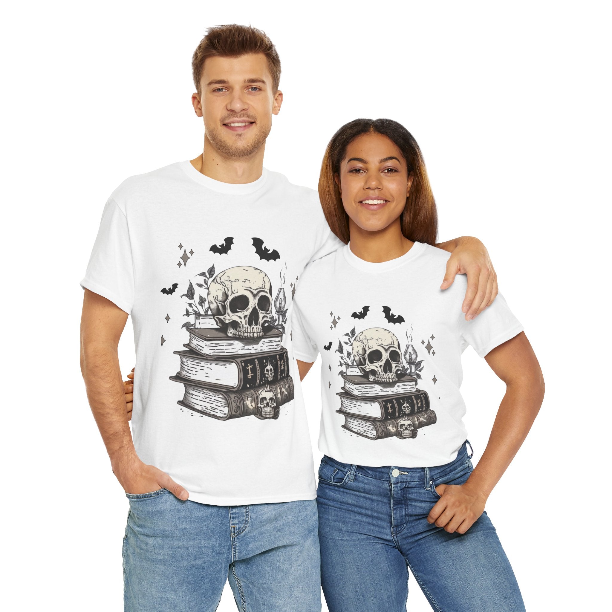 Gothic Skull and Books Halloween T- Shirt Printify