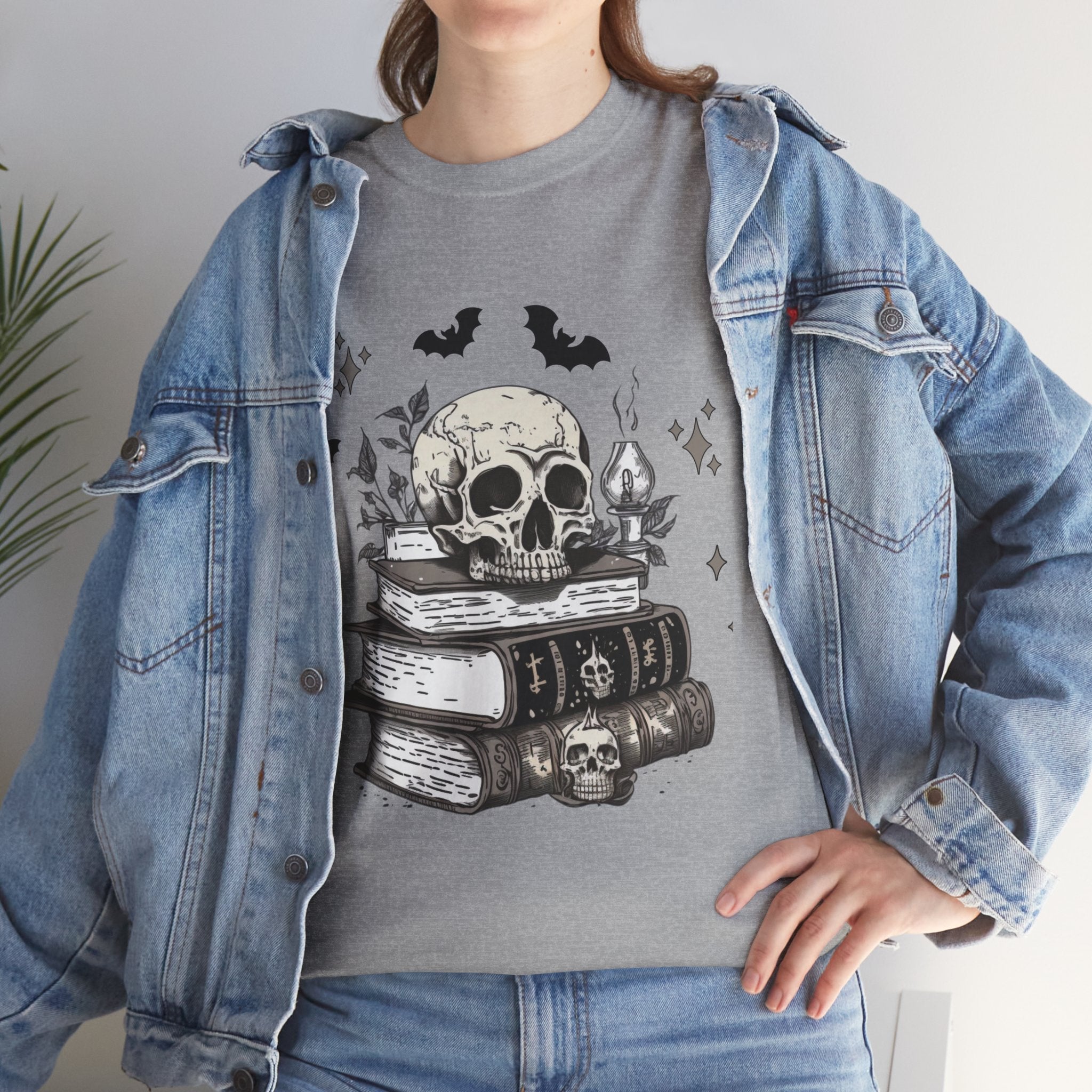 Gothic Skull and Books Halloween T- Shirt Printify