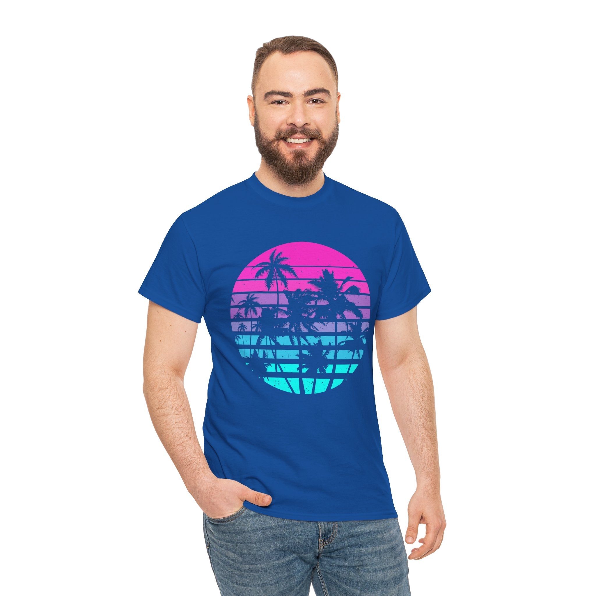 Sunset Palm 80s Retro Graphic T- Shirt Printify