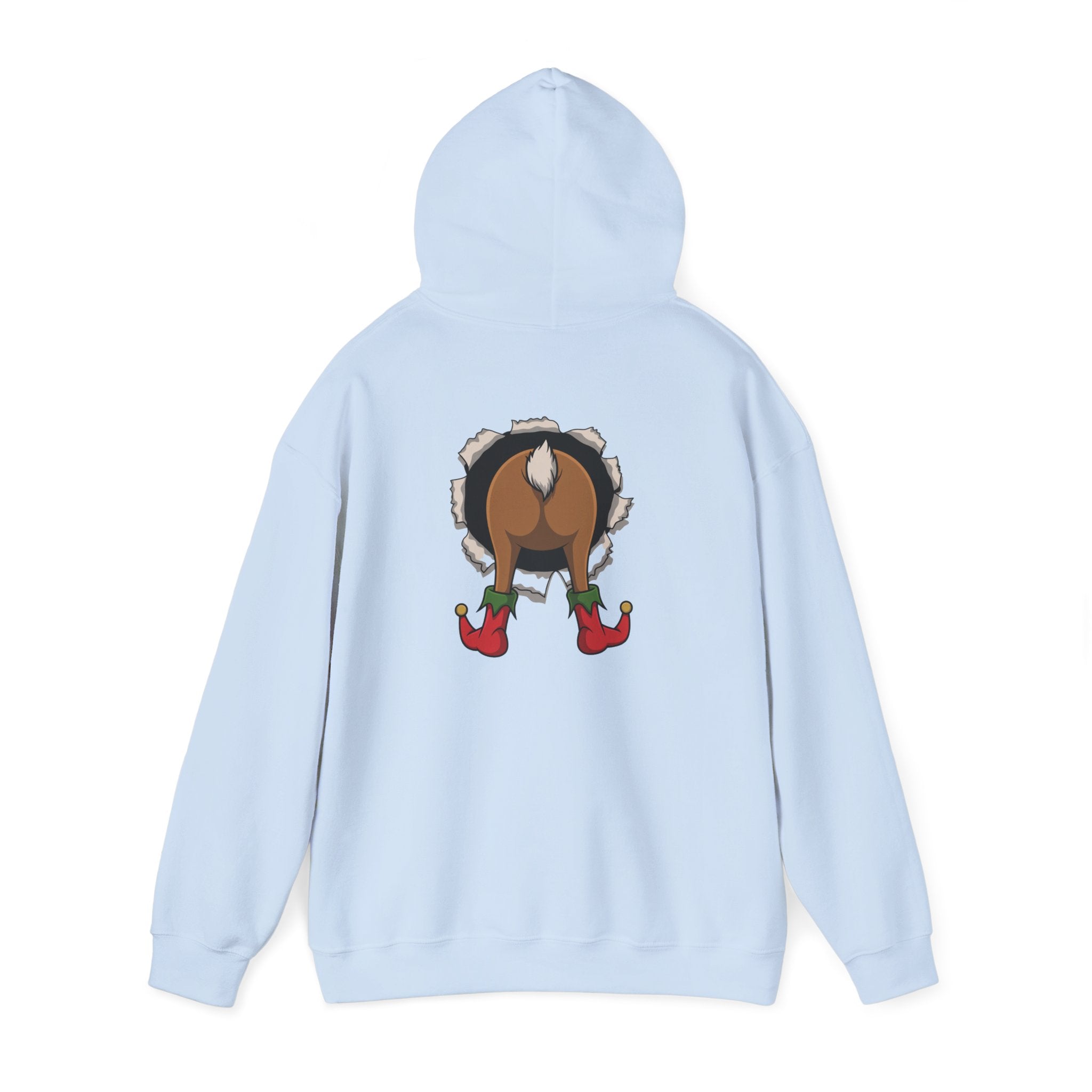 Funny Holiday Santa Reindeer Butt & Elf Face Hoodie Printify