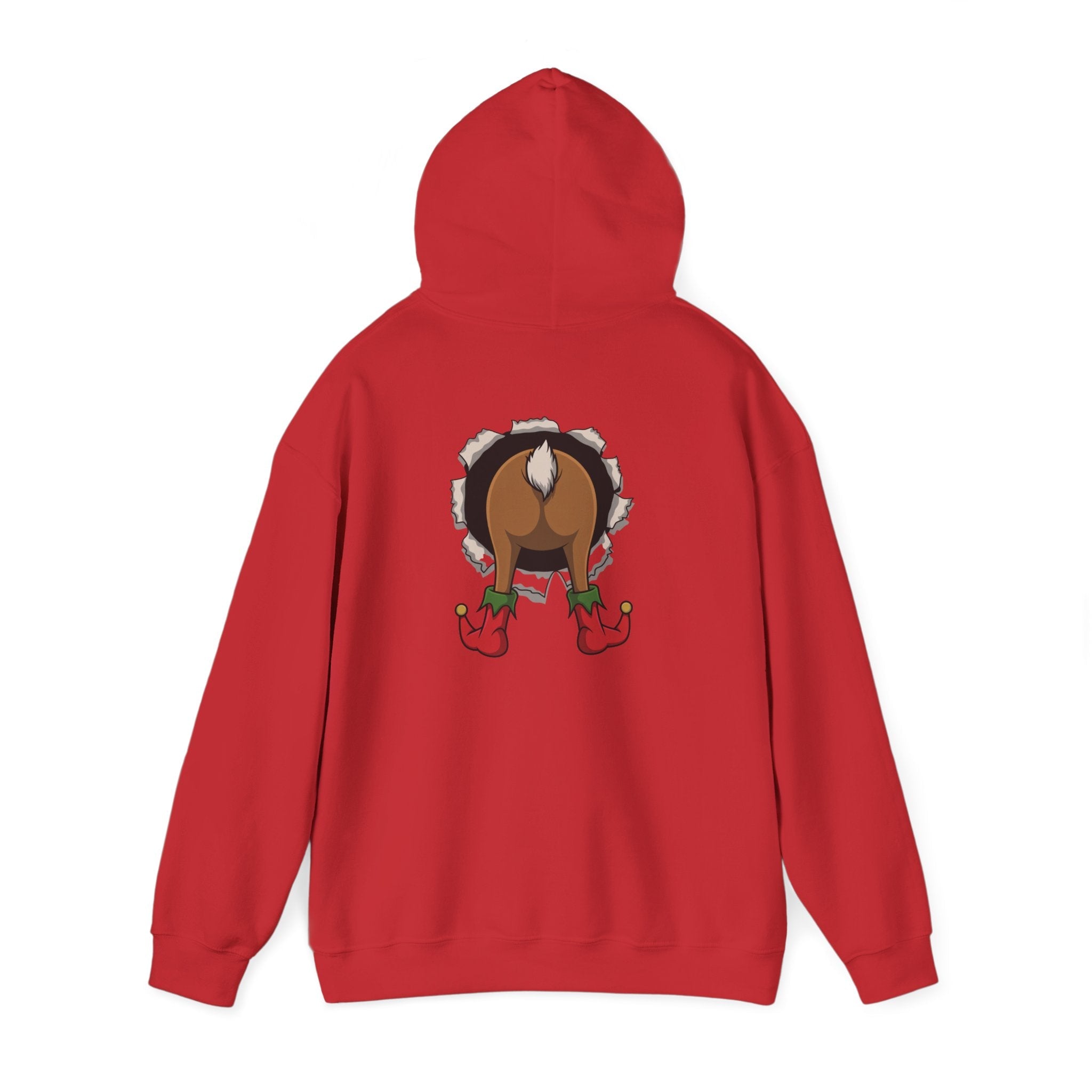 Funny Holiday Santa Reindeer Butt & Elf Face Hoodie Printify