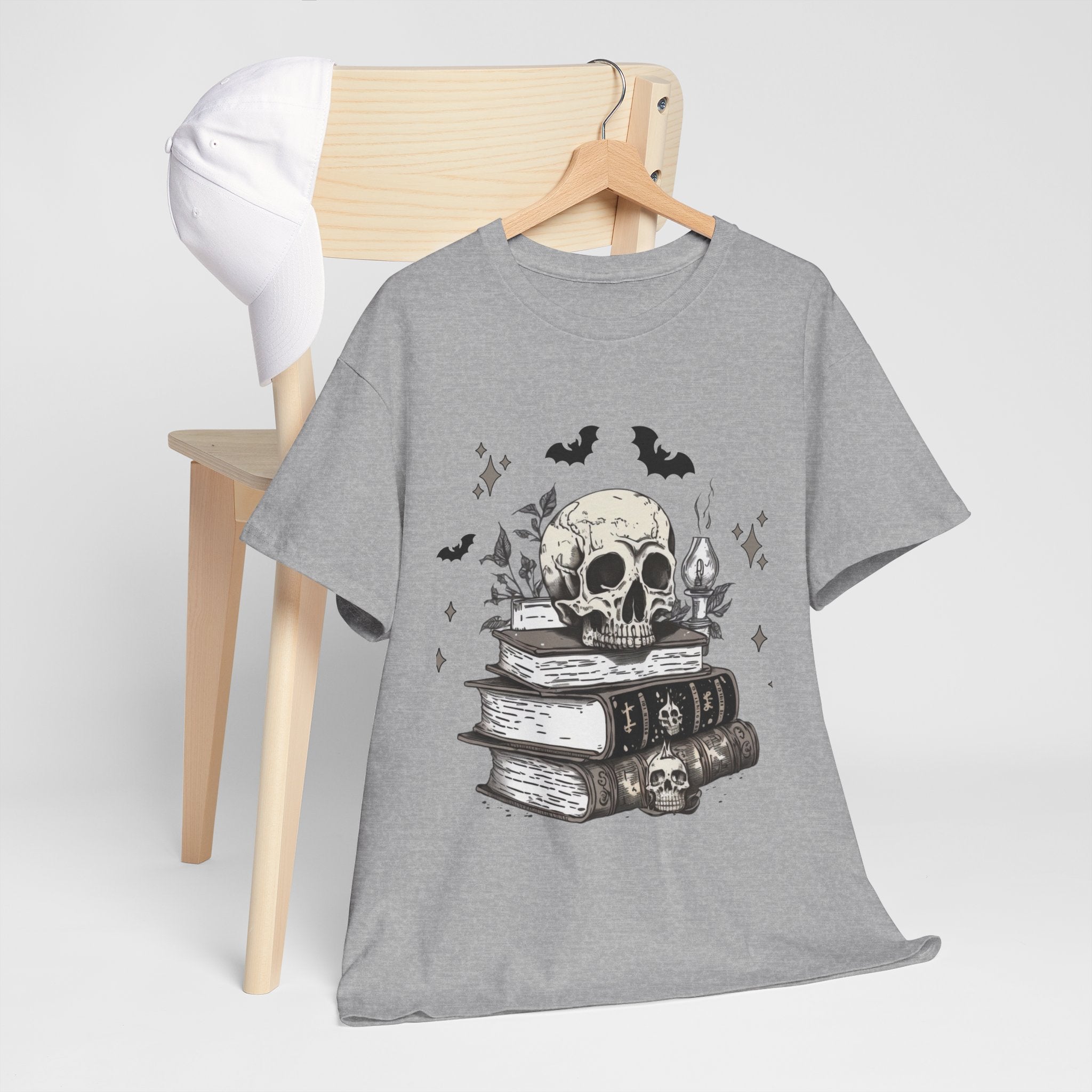 Gothic Skull and Books Halloween T- Shirt Printify