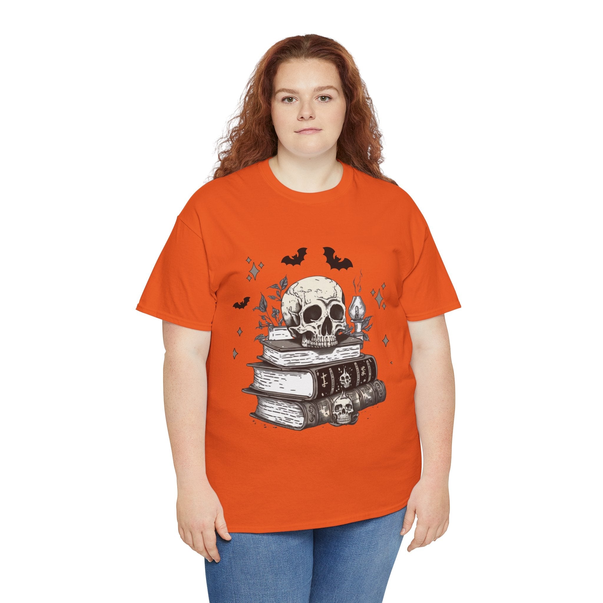 Gothic Skull and Books Halloween T- Shirt Printify