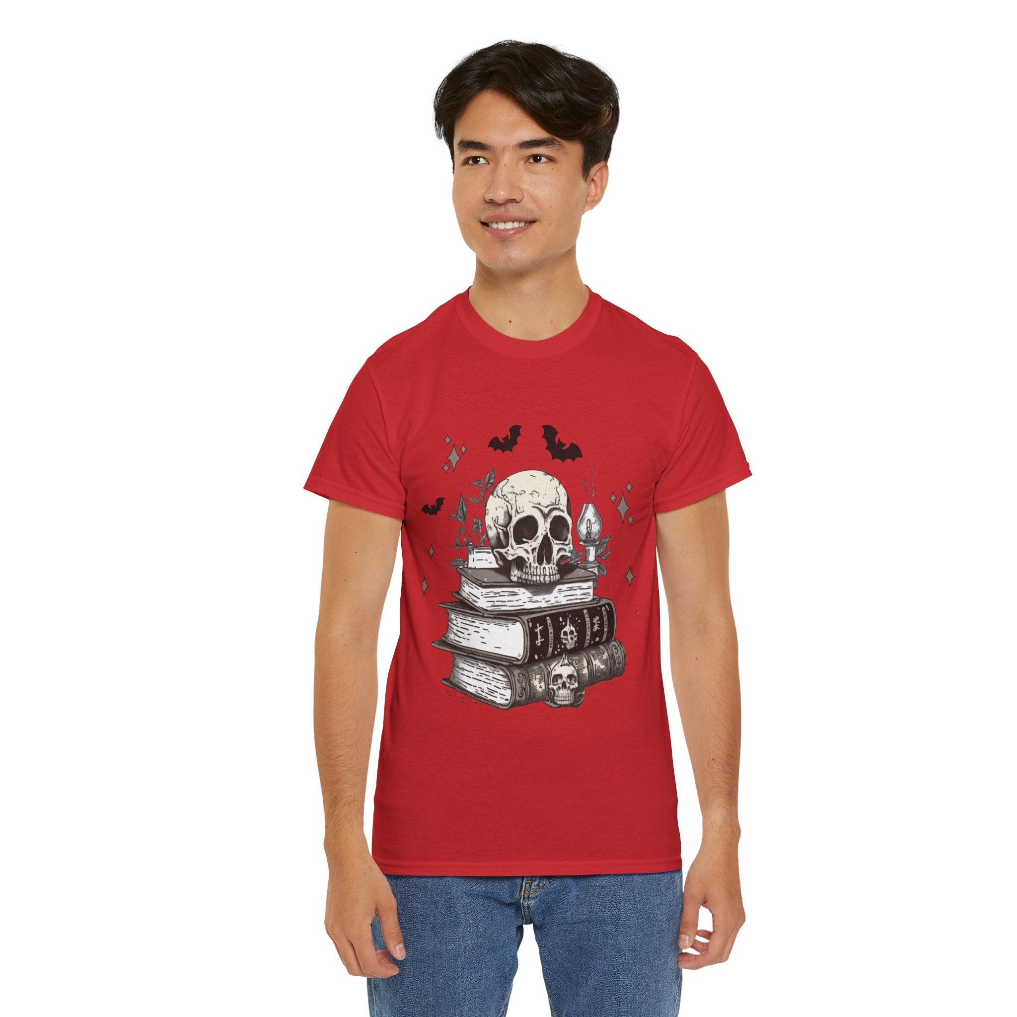 Gothic Skull and Books Halloween T- Shirt Printify