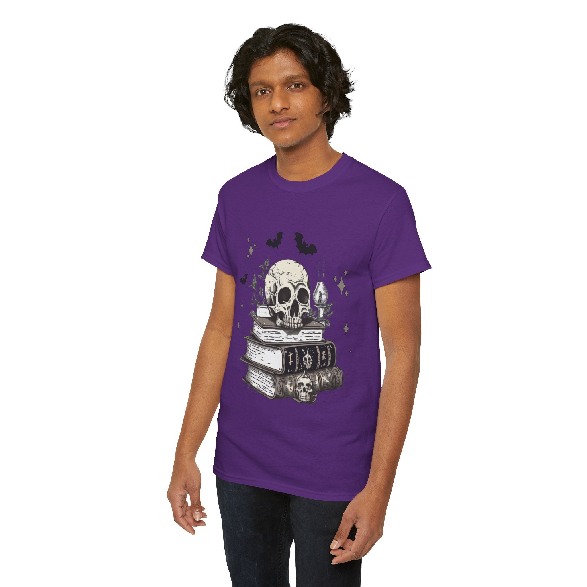 Gothic Skull and Books Halloween T- Shirt Printify