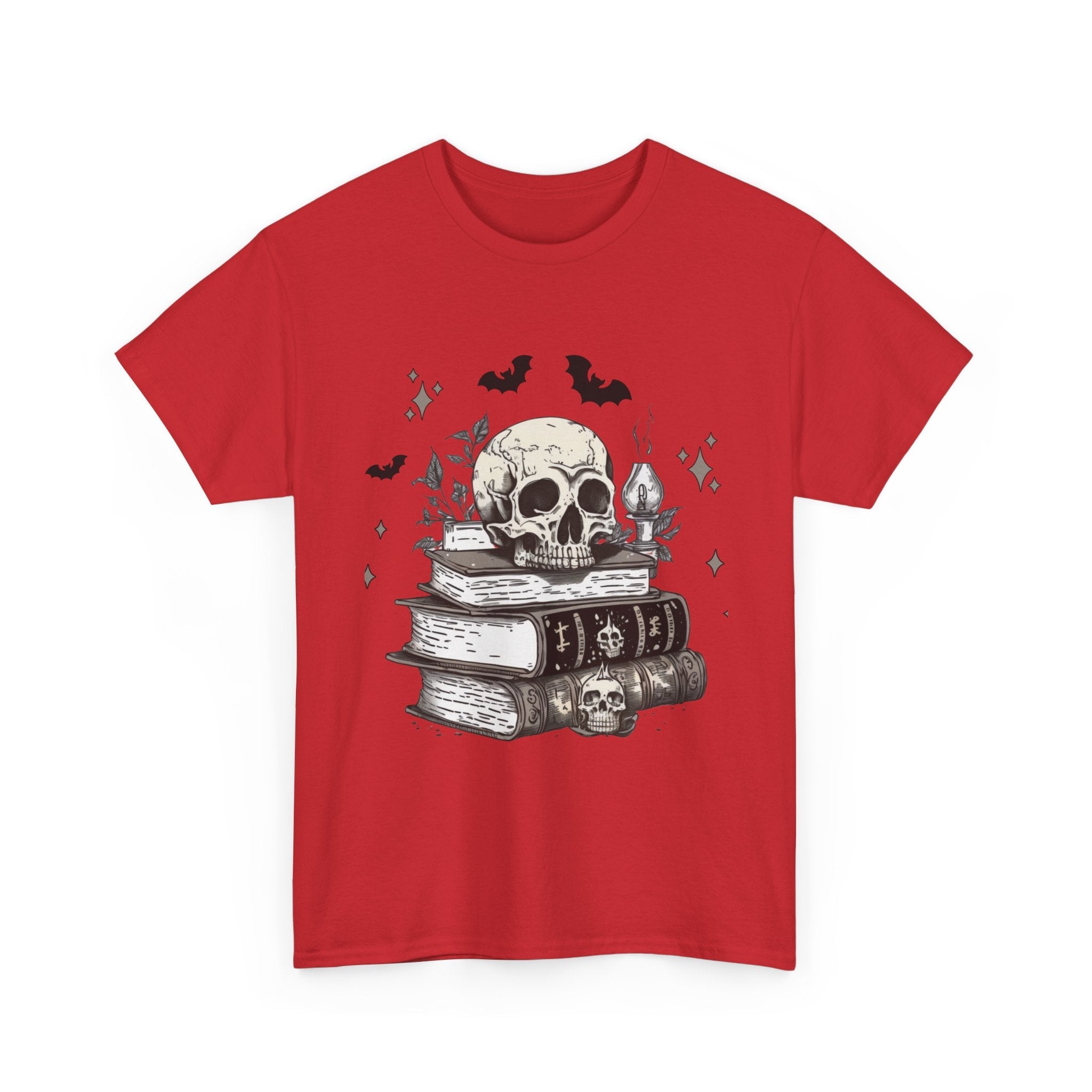 Gothic Skull and Books Halloween T- Shirt Printify
