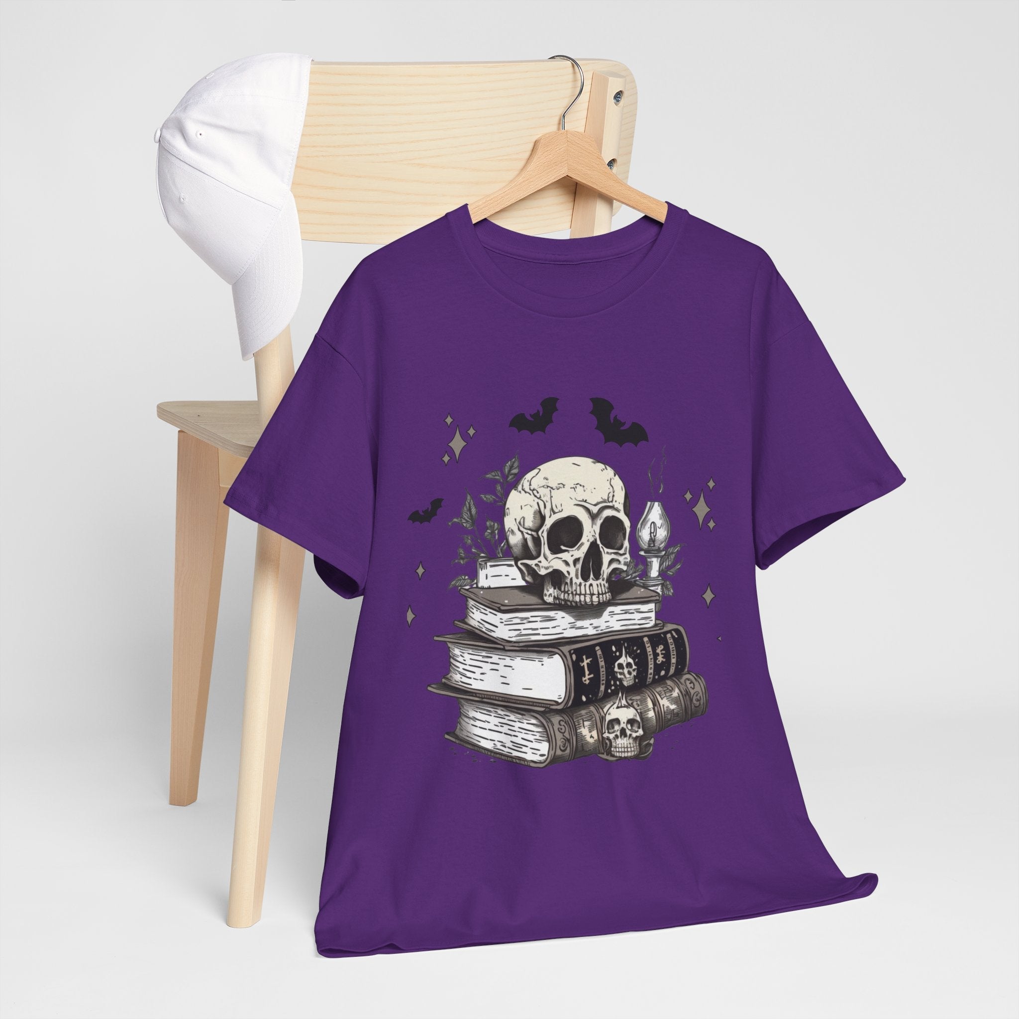 Gothic Skull and Books Halloween T- Shirt Printify