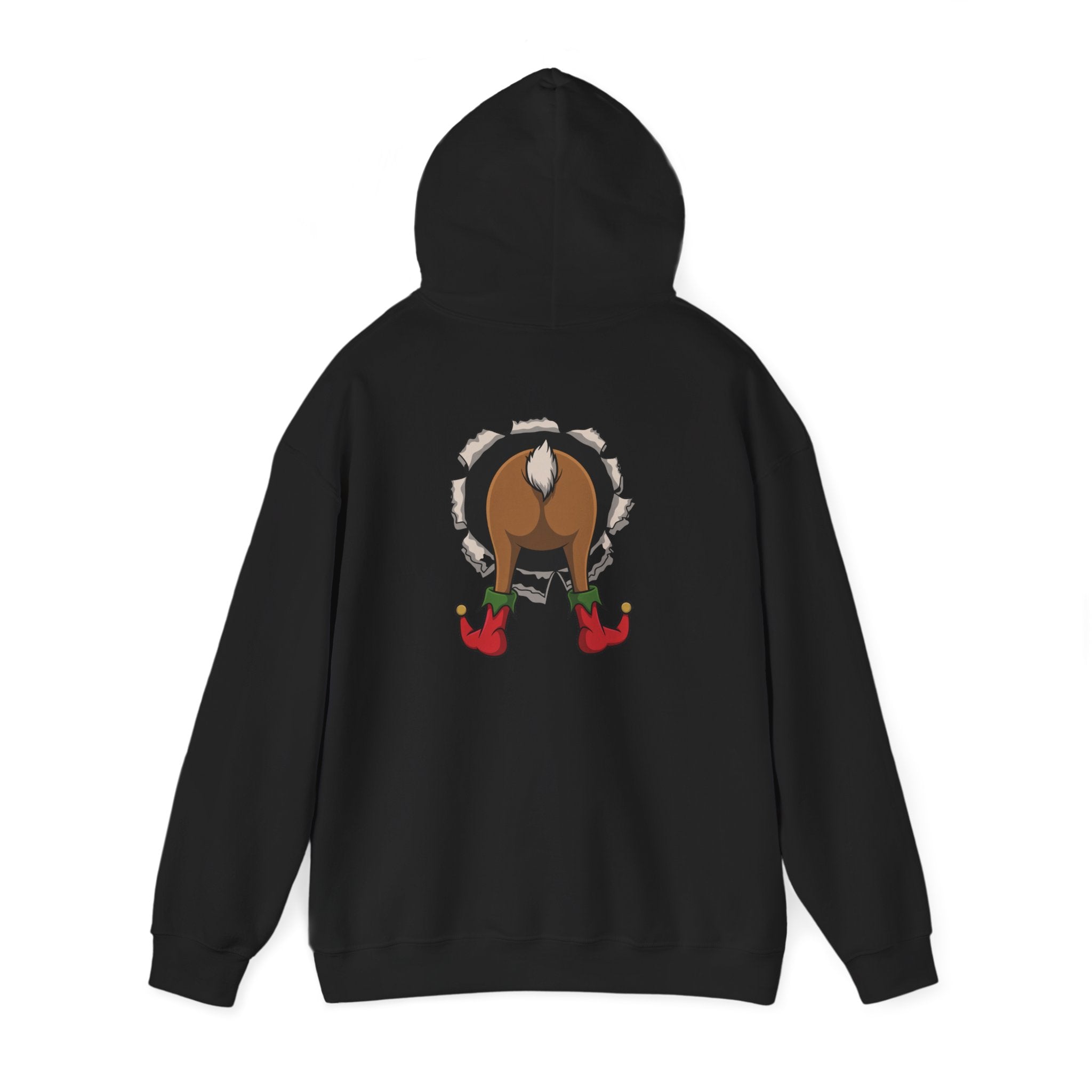 Funny Holiday Santa Reindeer Butt & Elf Face Hoodie Printify