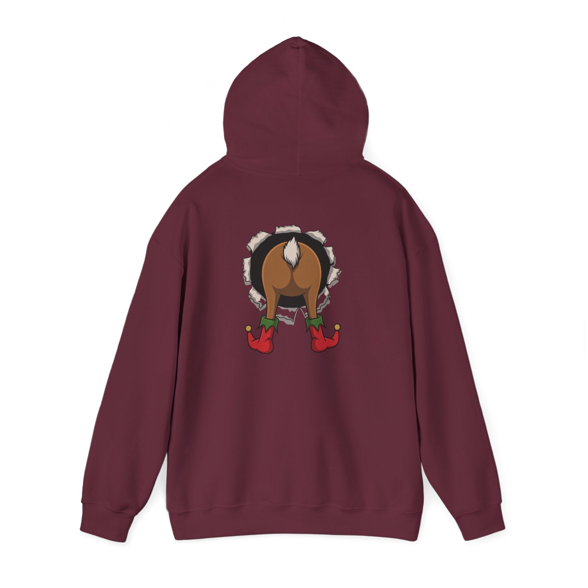 Funny Holiday Santa Reindeer Butt & Elf Face Hoodie Printify