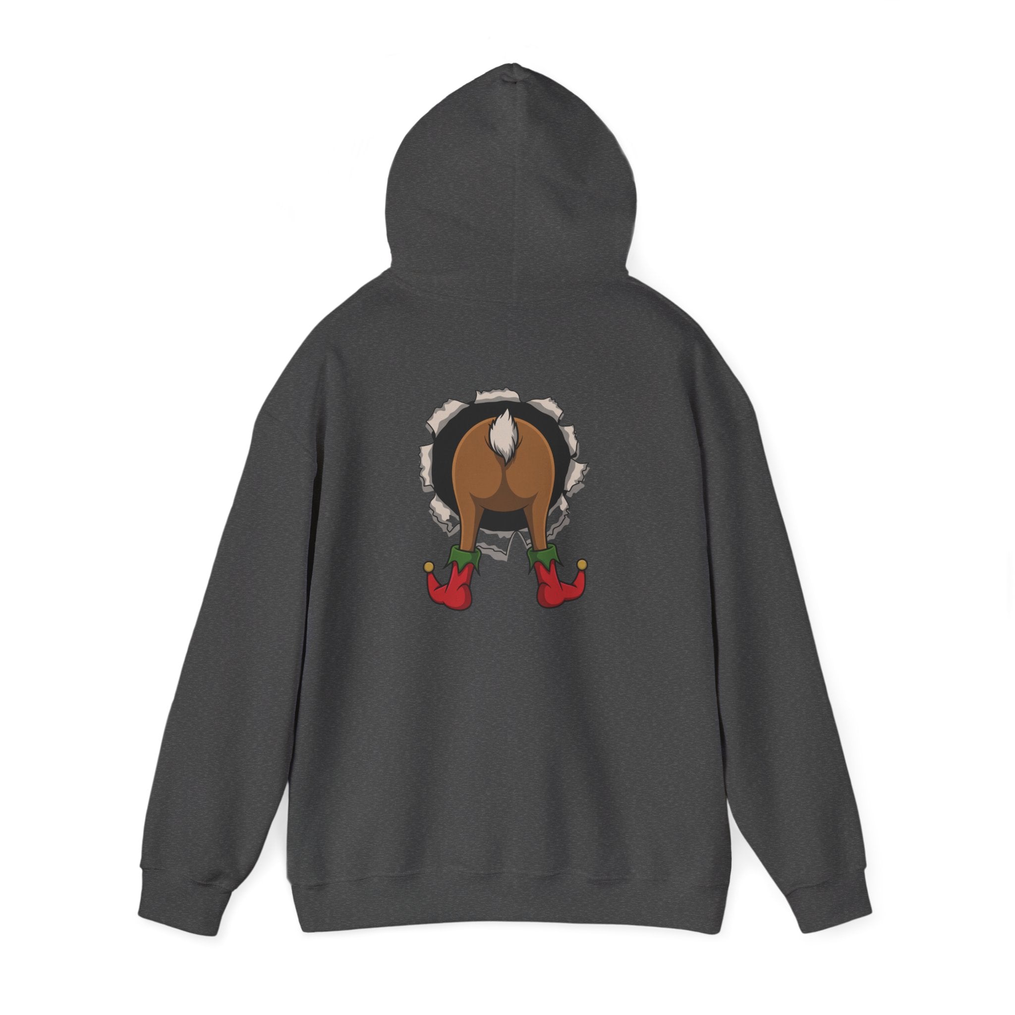 Funny Holiday Santa Reindeer Butt & Elf Face Hoodie Printify