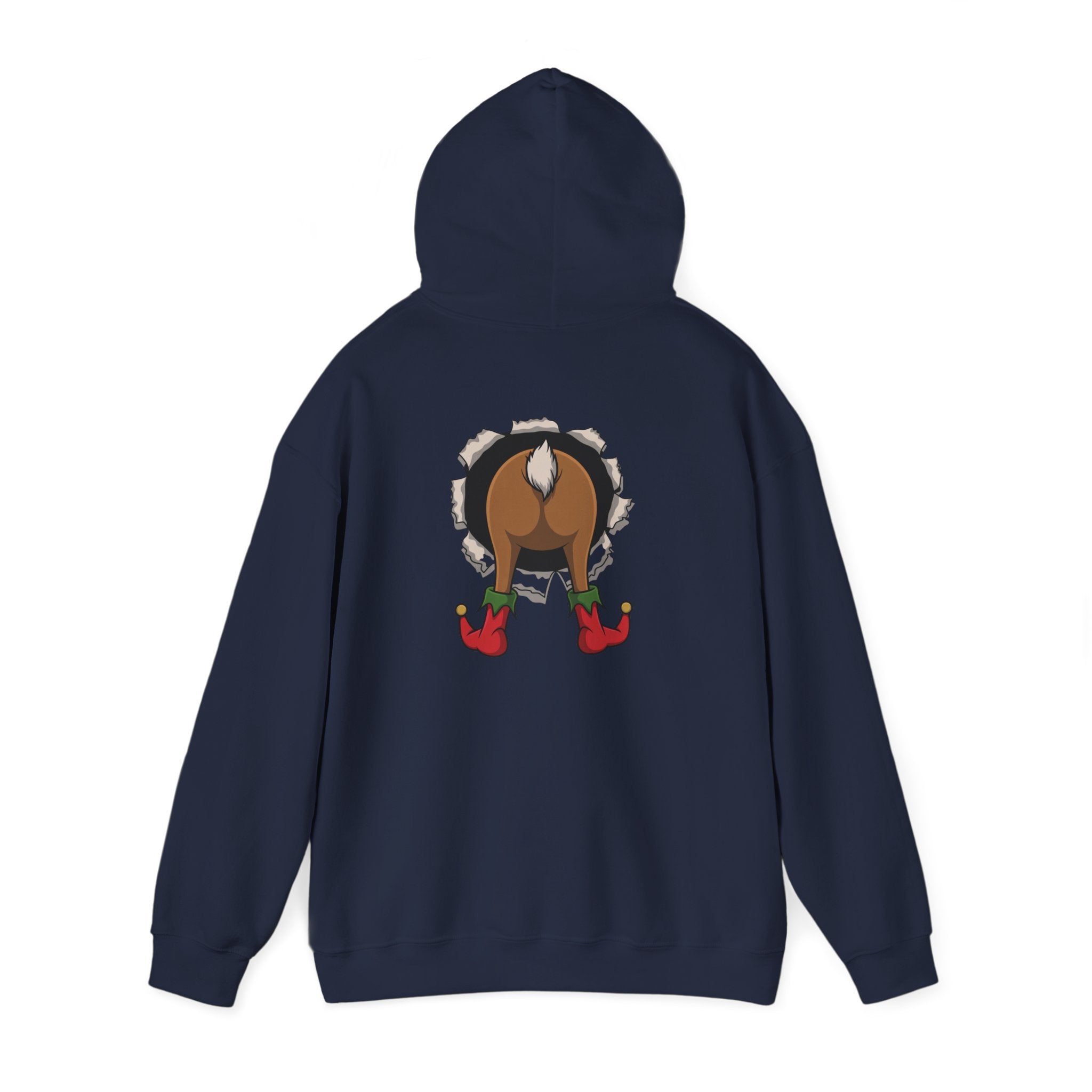 Funny Holiday Santa Reindeer Butt & Elf Face Hoodie Printify
