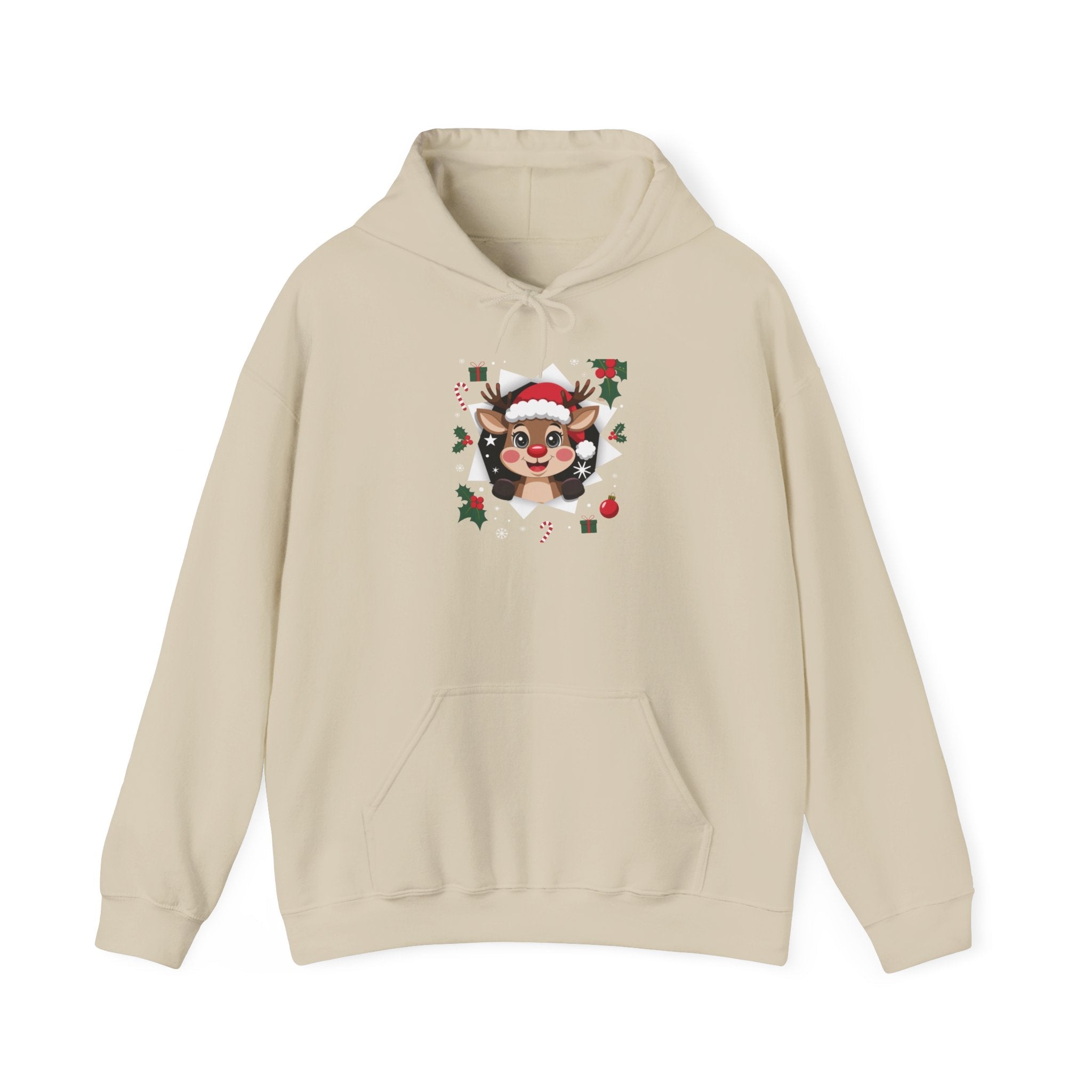 Funny Holiday Santa Reindeer Butt & Elf Face Hoodie Printify