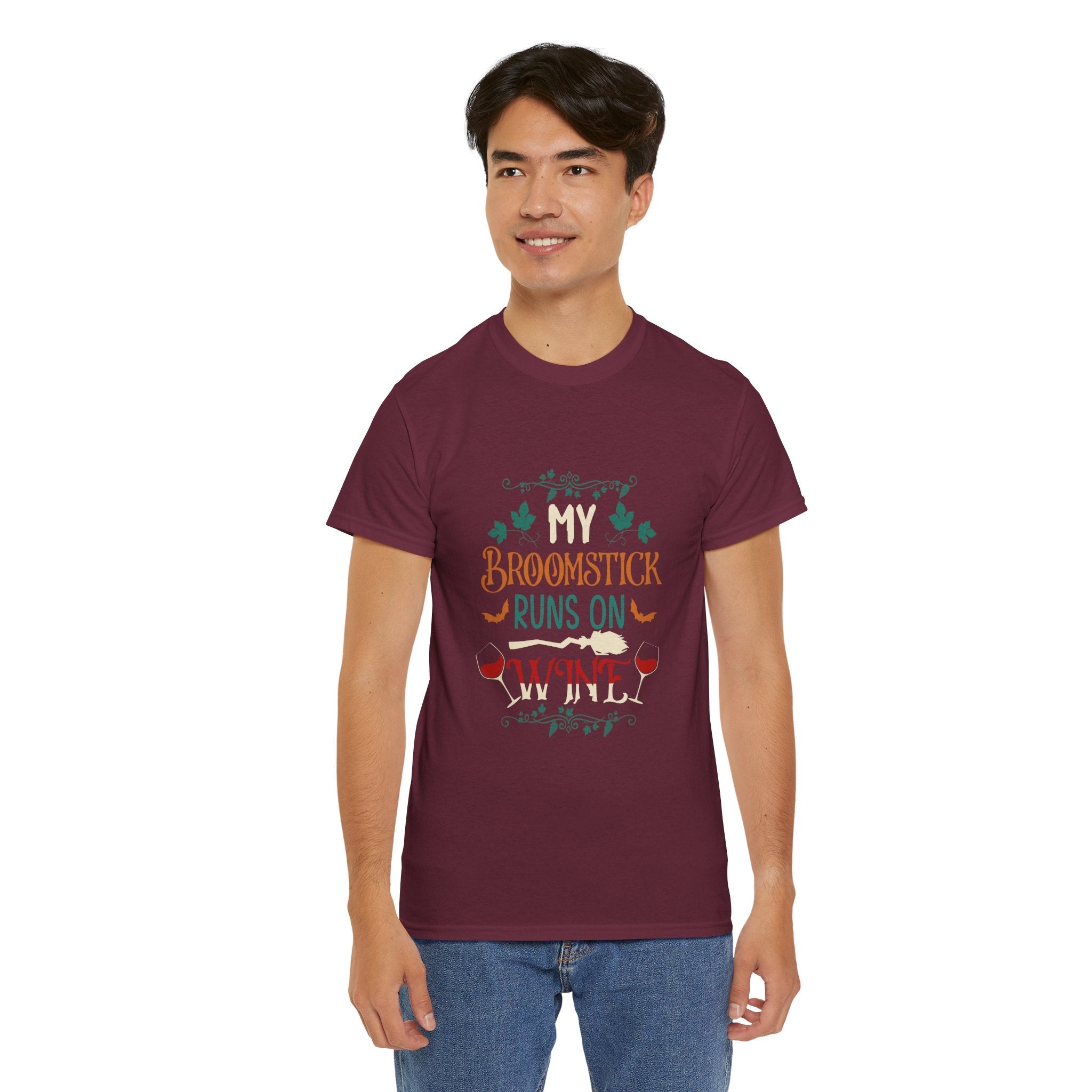 My Broomstick Runs on Wine Halloween T- Shirt Printify