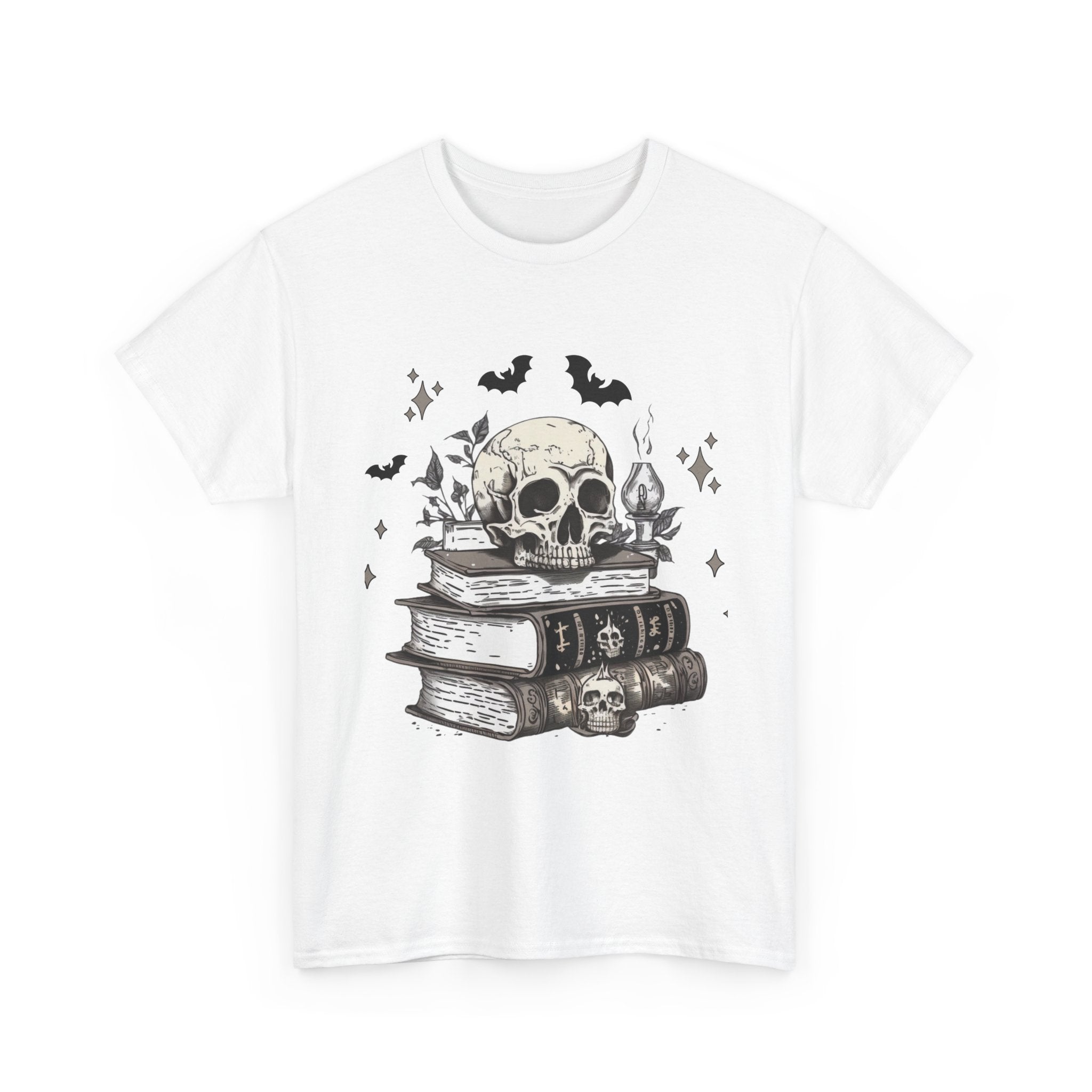 Gothic Skull and Books Halloween T- Shirt Printify