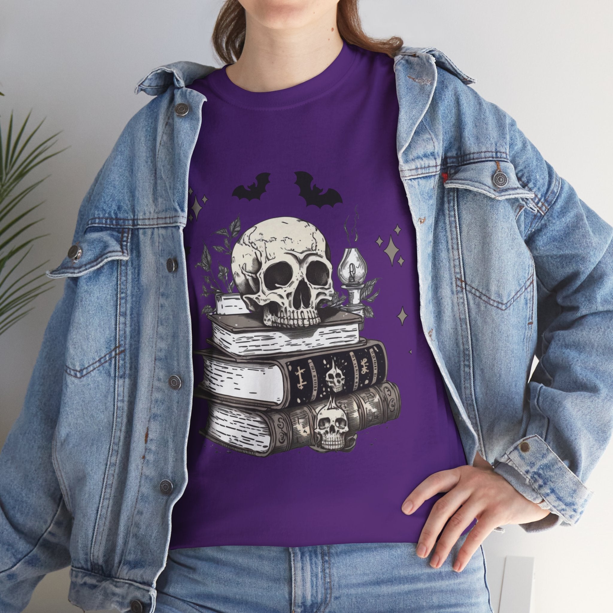 Gothic Skull and Books Halloween T- Shirt Printify