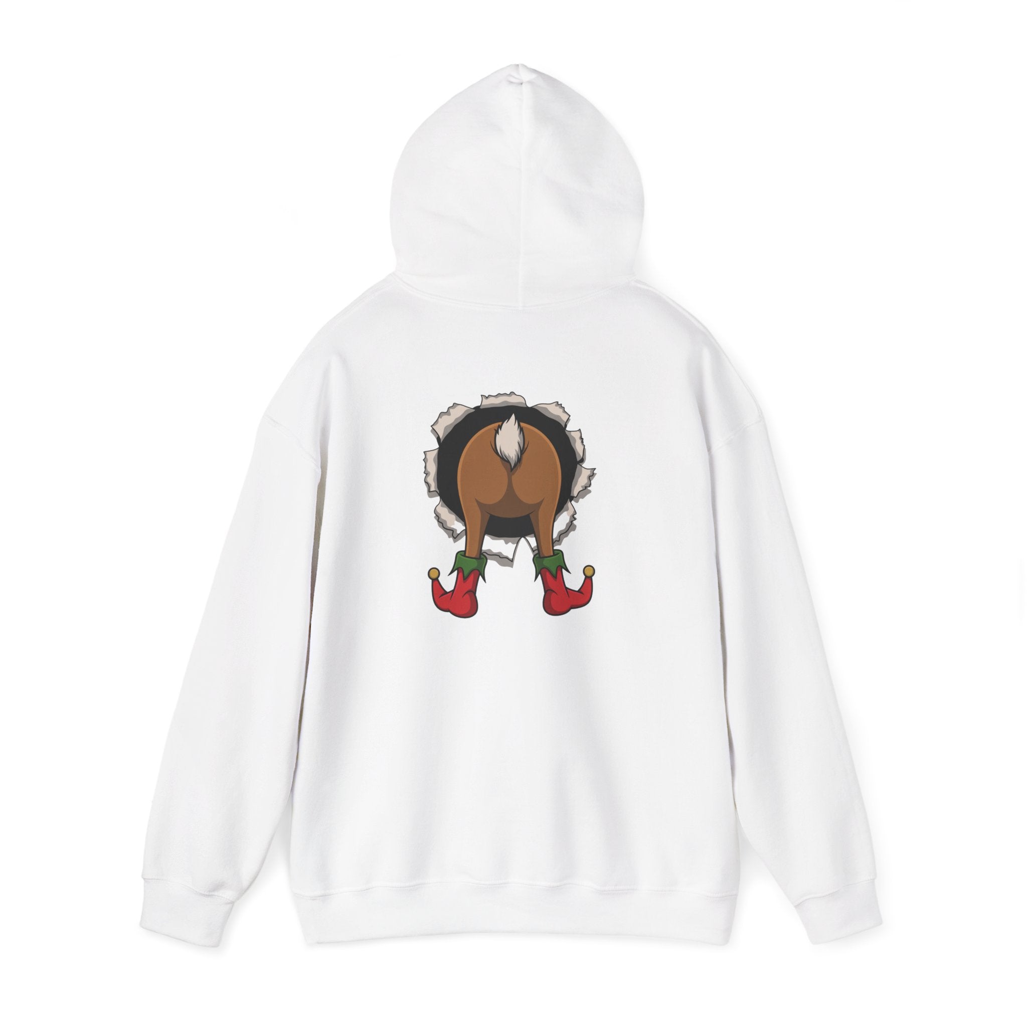 Funny Holiday Santa Reindeer Butt & Elf Face Hoodie Printify