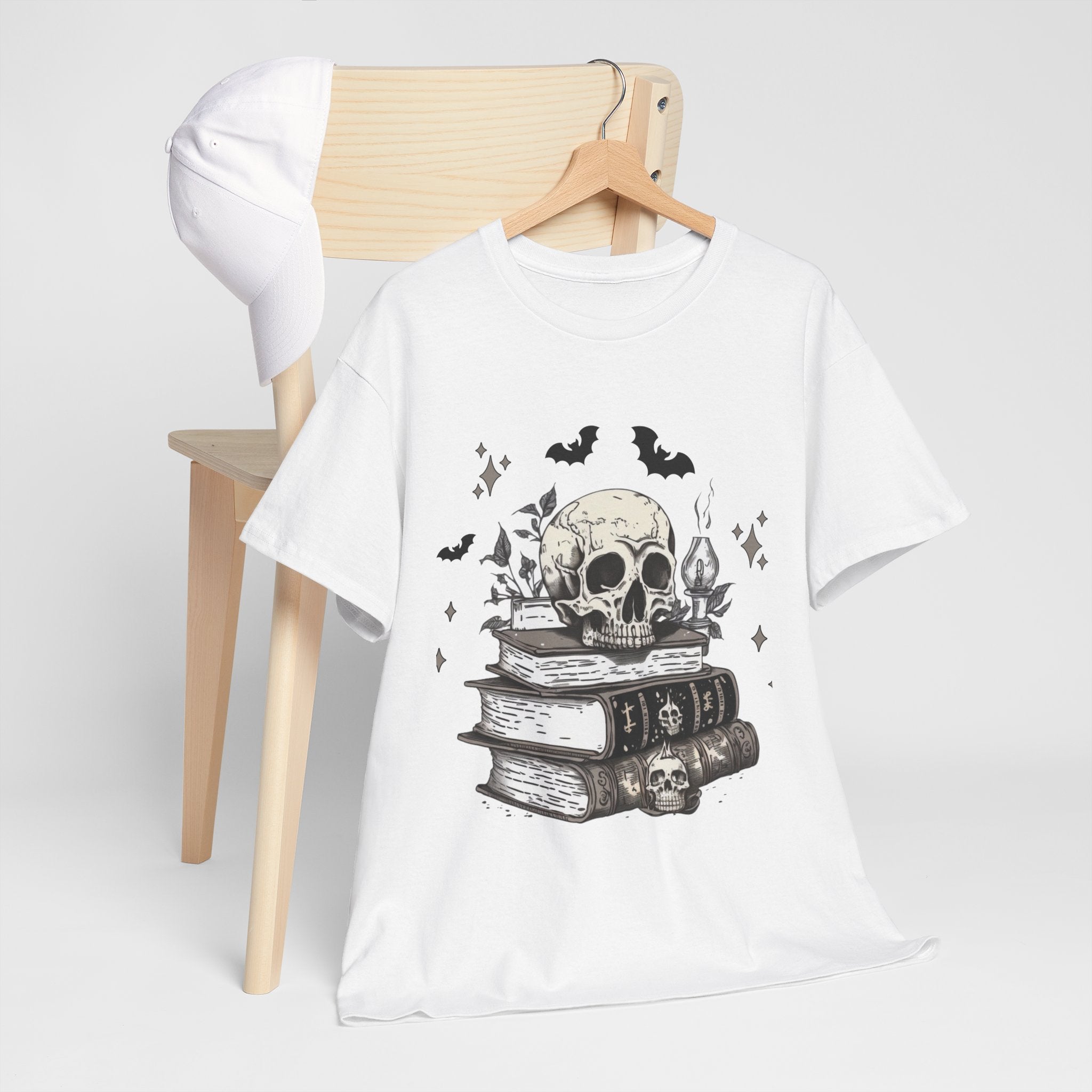 Gothic Skull and Books Halloween T- Shirt Printify