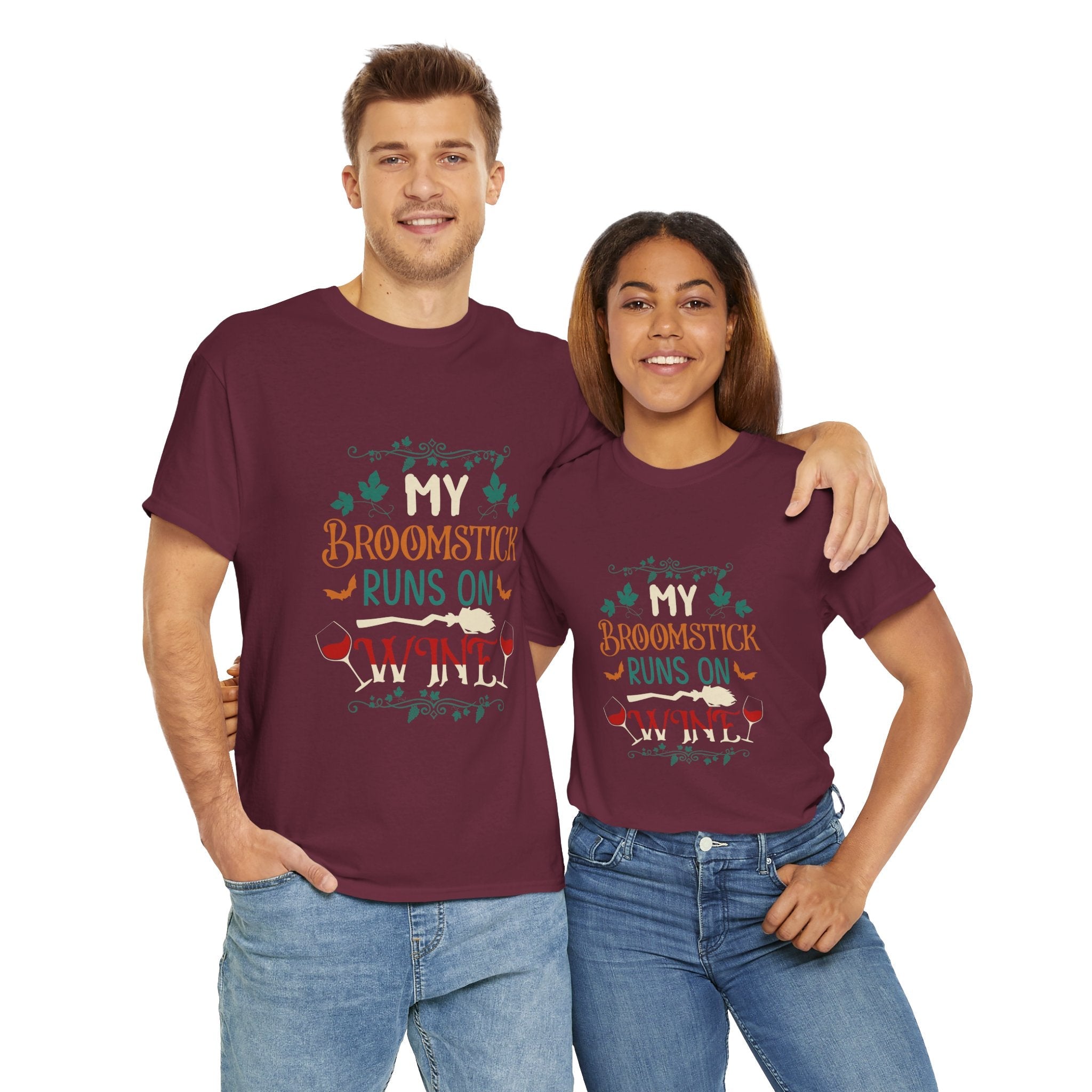 My Broomstick Runs on Wine Halloween T- Shirt Printify