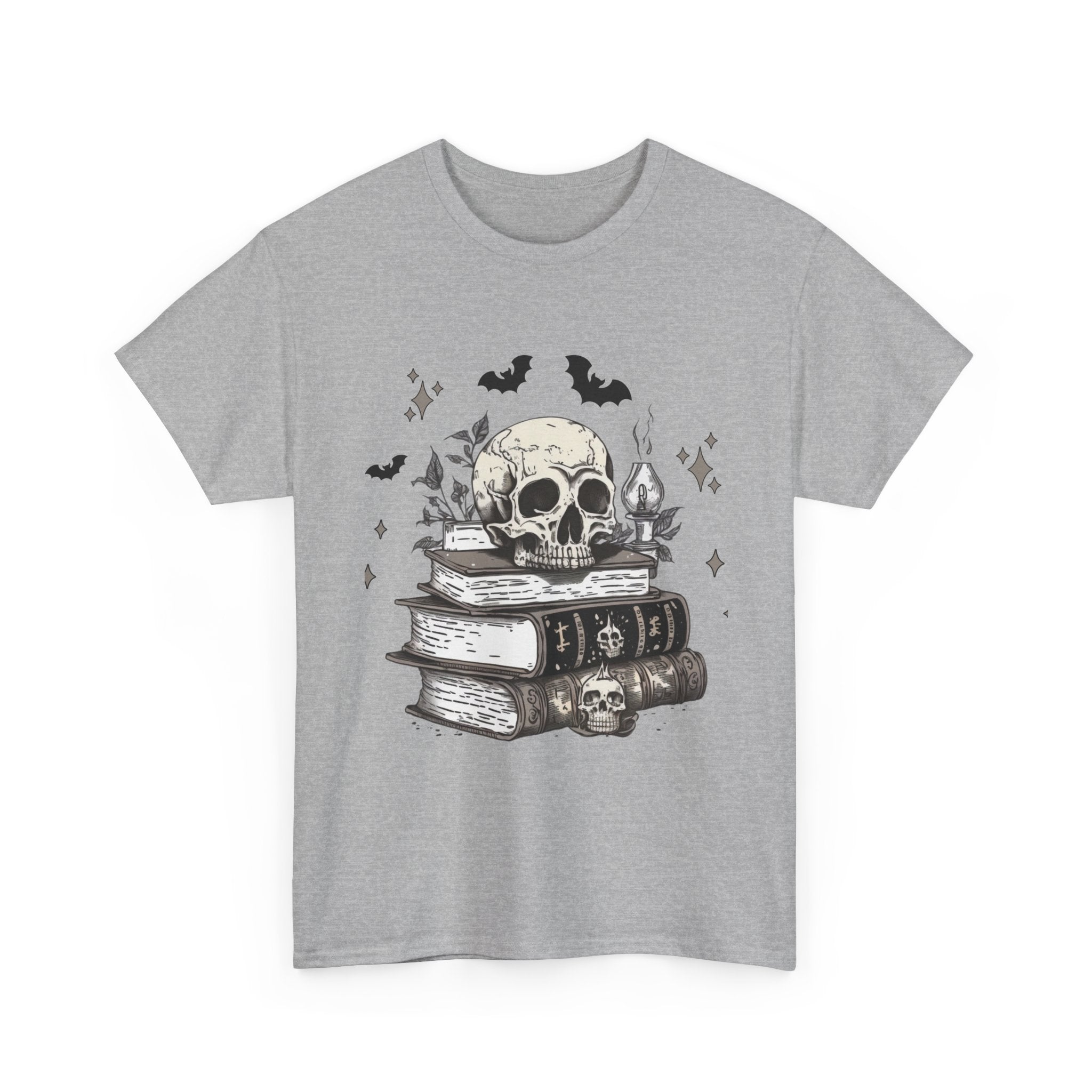 Gothic Skull and Books Halloween T- Shirt Printify