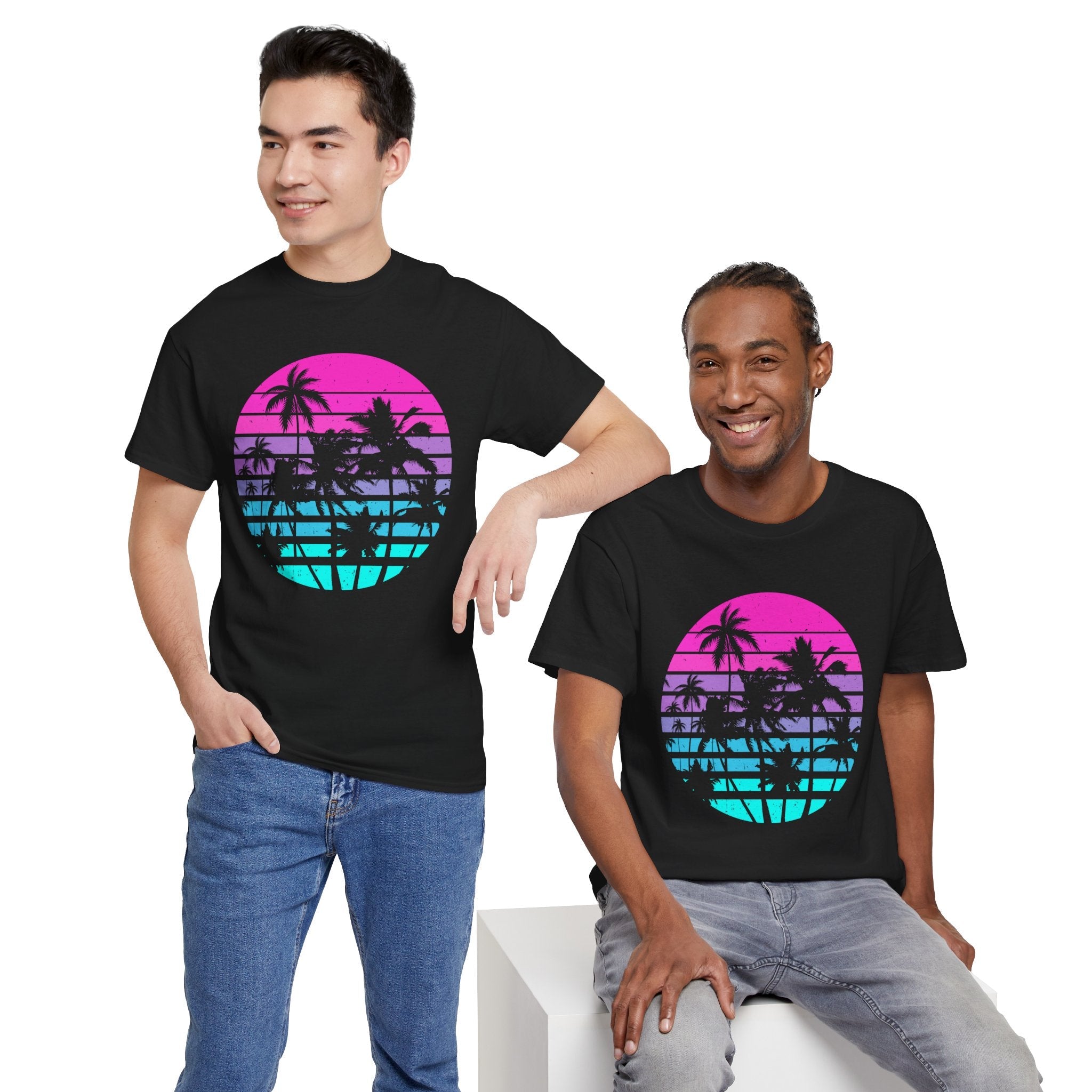 Sunset Palm 80s Retro Graphic T- Shirt Printify