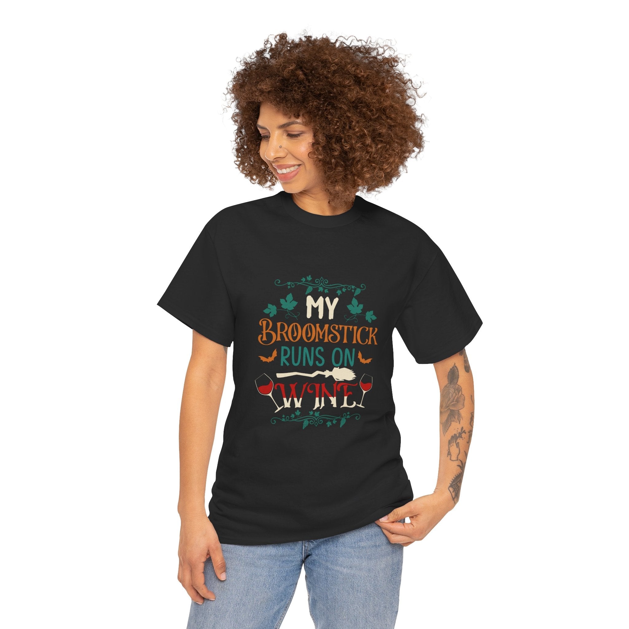 My Broomstick Runs on Wine Halloween T- Shirt Printify